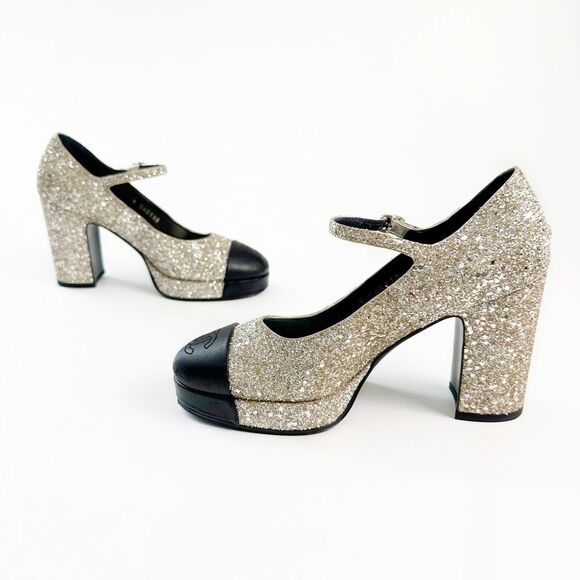 CHANEL 2023 Light Gold Glitter Black Mary Jane Heels 36 Cap Toe CC Logo Platform - Picture 7 of 16